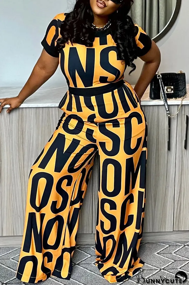 Orange Fashion Casual Letter Print Patchwork O Neck Regular Jumpsuits