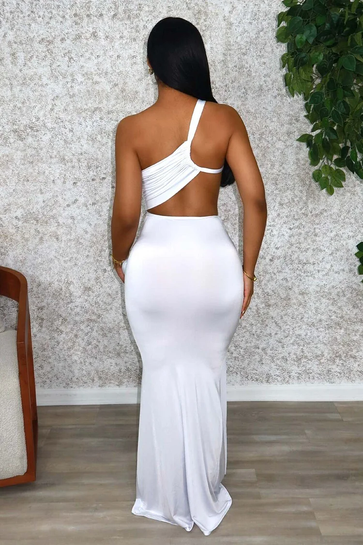 Sleeveless One Shoulder Cutout Ruched Solid Color Bodycon Maxi Dresses-White
