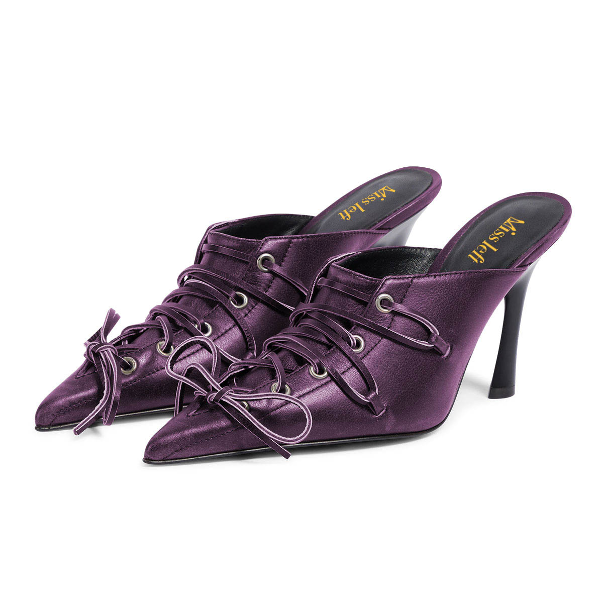 Purple Lace-Up Pointed Toe Stiletto Heel Slip-On Mules for Women Nicepairs