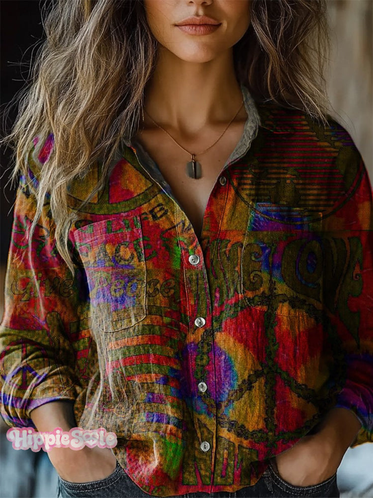 Hippie Style Watercolor Peace Art Printed Women’s Casual Long Sleeve Comfortable Cotton Shirt
