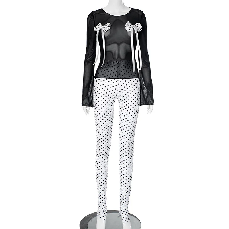 Uveng Uveng Women's Autumn And Winter Perspective Mesh Bow Bow Collar Tight Wave Dot Set