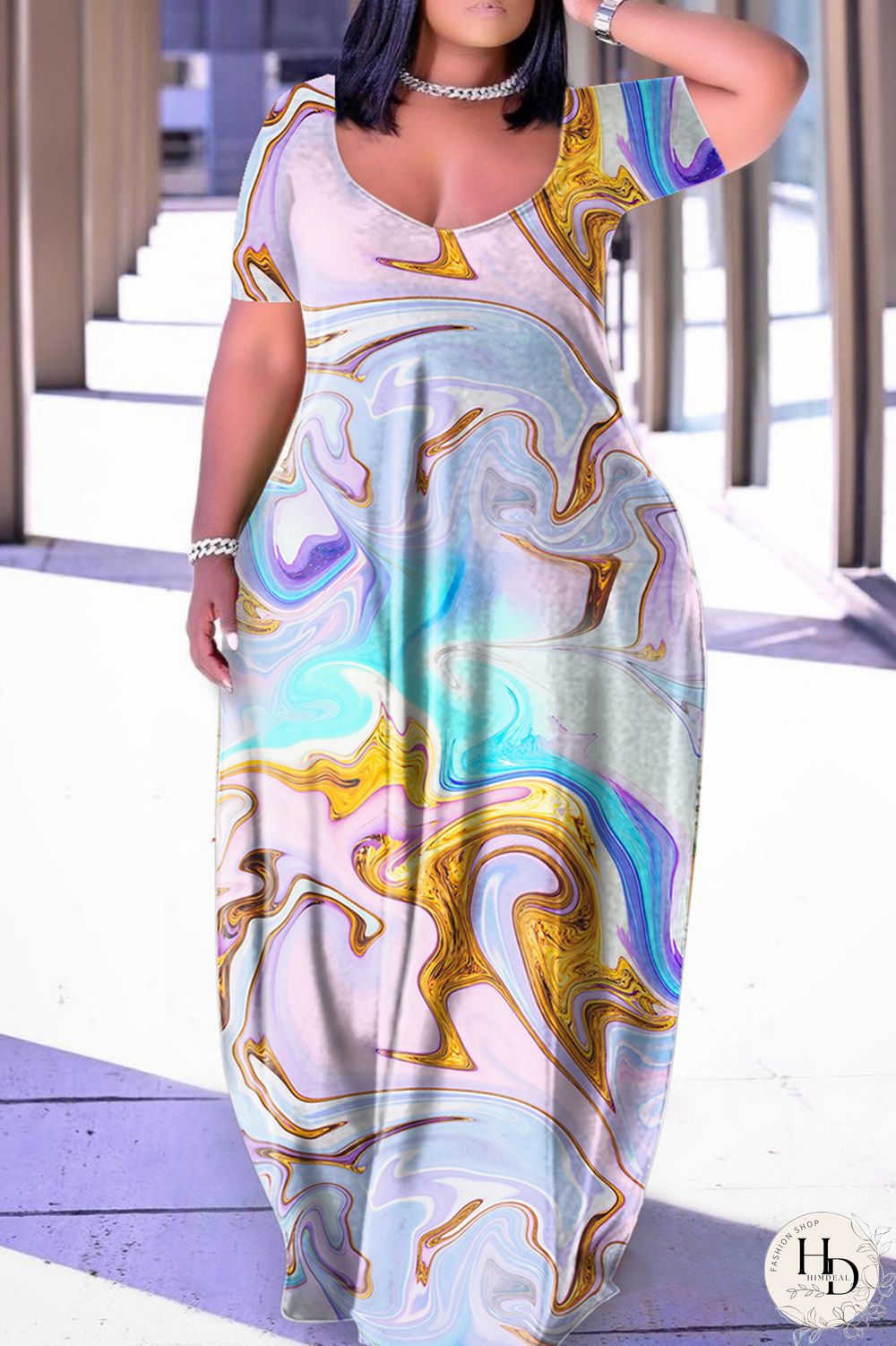 Blue Yellow Casual Print Basic V Neck Short Sleeve Dress Dresses
