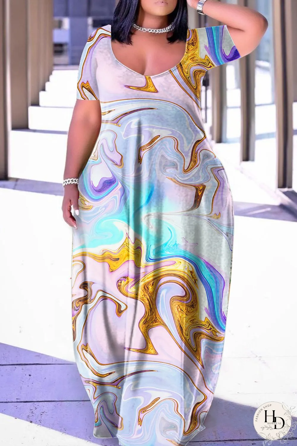 Blue Yellow Casual Print Basic V Neck Short Sleeve Dress Dresses