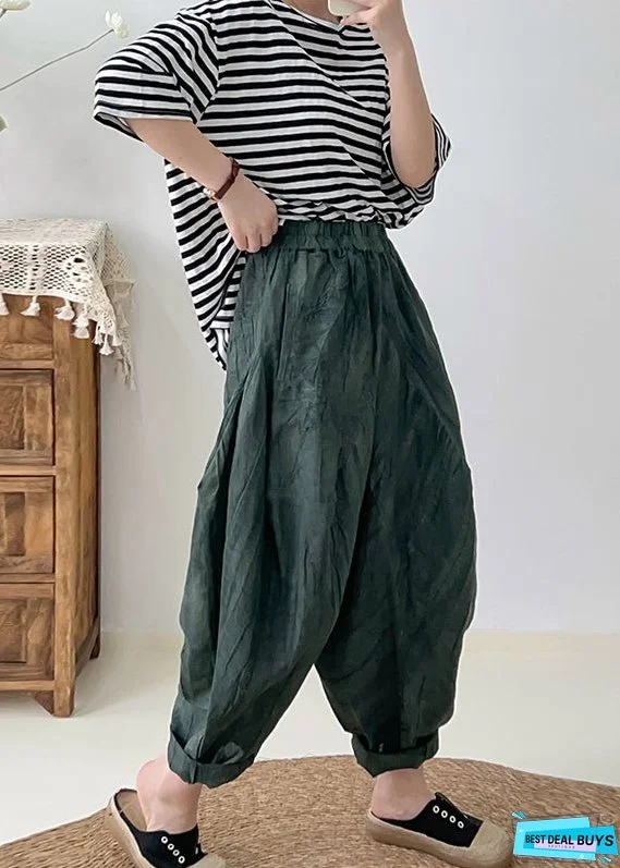 Modern Blackish Green Oversized Tie Dye Linen Pants Fall