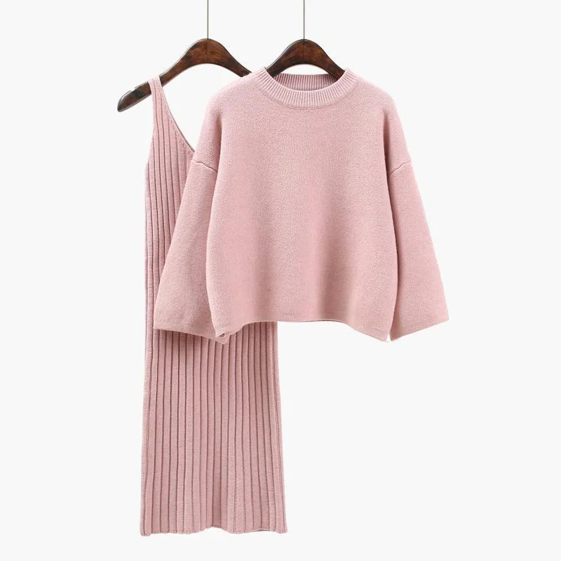 Two Pieces Suit Women Sweater Dress Set Spring Winter O Neck Loose Sweaters And Knitted Vest Dress Female Jumper Sweater Dress