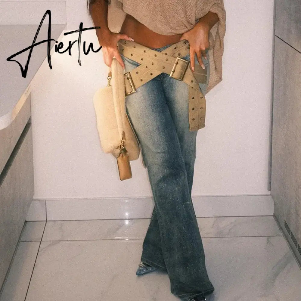 Fashion Vintage Distressed Jeans for Women Streetwear Low Rise Denim Straight Leg Jeans Bottom Essential Pants Aiertu