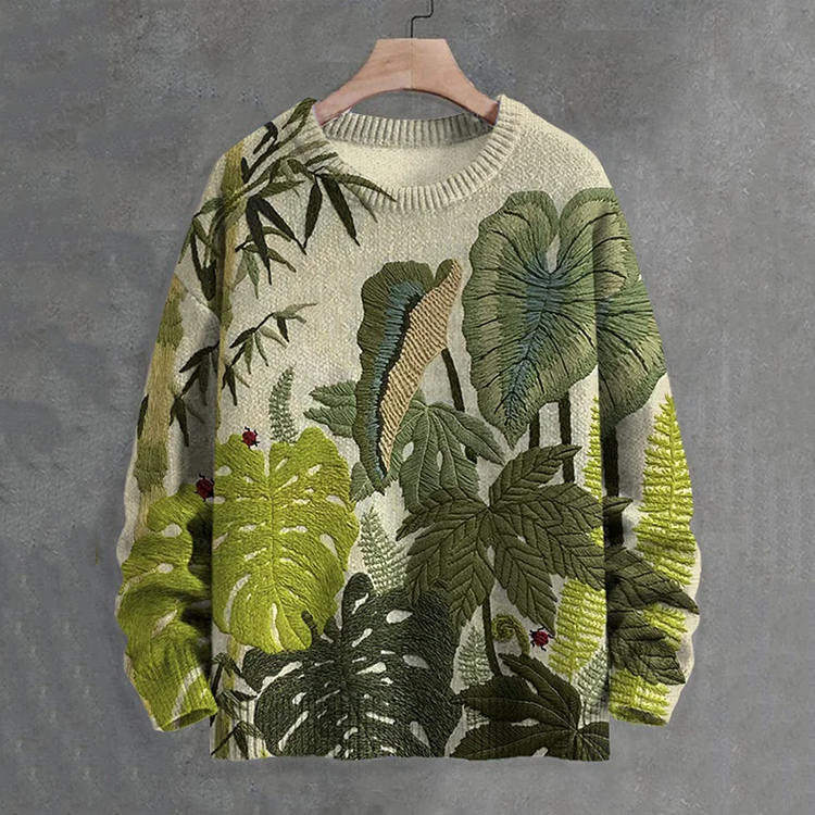 Men's Leaf Embroidery Art Print Casual Knit Crew Neck Sweater