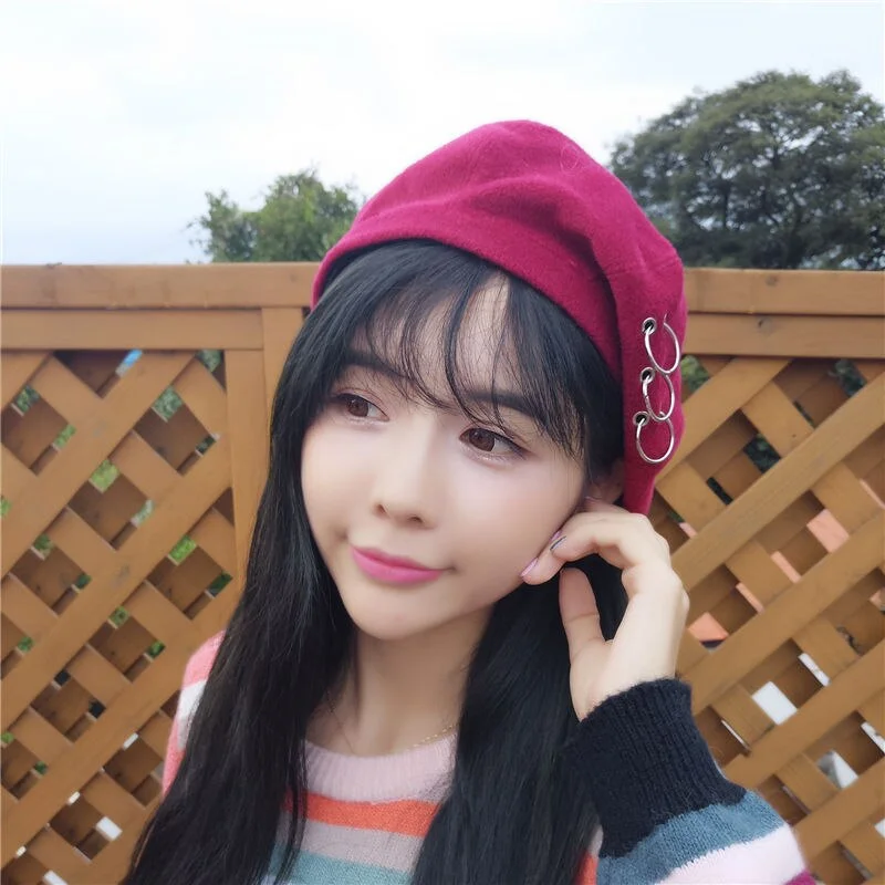 CUHAKCI Winter Hats Ring Wool Berets French Artist Beanie Women Ski Cap Solid Warm Sweet Girl Headwear