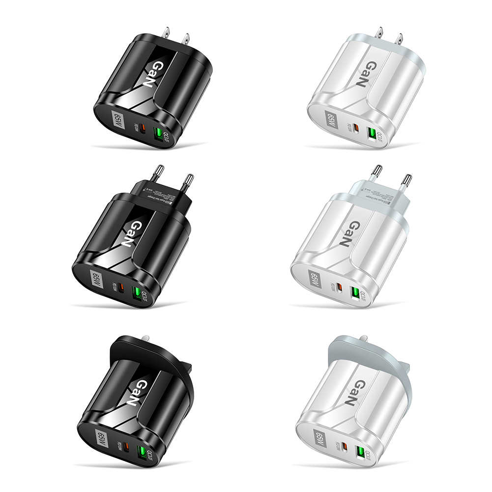 

65W GaN Charger 2 Ports Phone Quick Charge QC3.0 for iPhone 13 Pro Xiaomi, Black, 501 Original