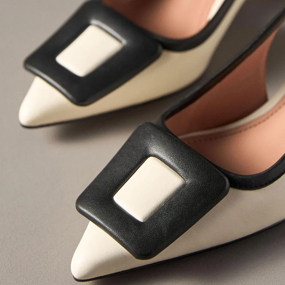 Ivory & Black Pointed Toe Block Heel Slingback Shoes with Buckle