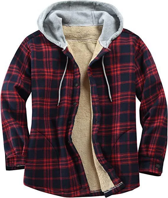 Men's Outerwear Long Sleeve Hooded Fleece Loose Plaid Jacket