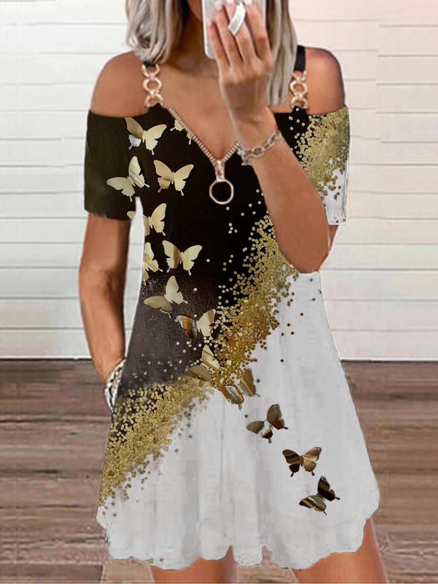 Casual Butterfly Floral Print Off-shoulder Midi Dress Womens