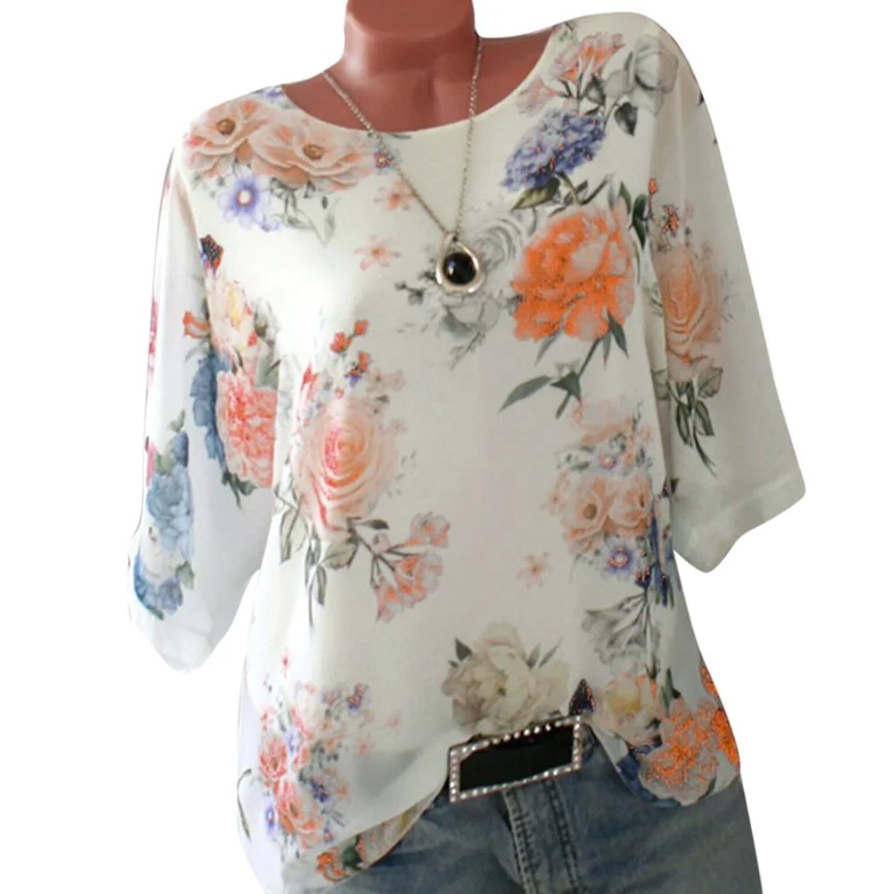 Women Plus Size S-5XL Blouse Loose Floral Print Slash Neck Blouse Pullover Tops Shirt womens tops and blouses camisas mujer NEW