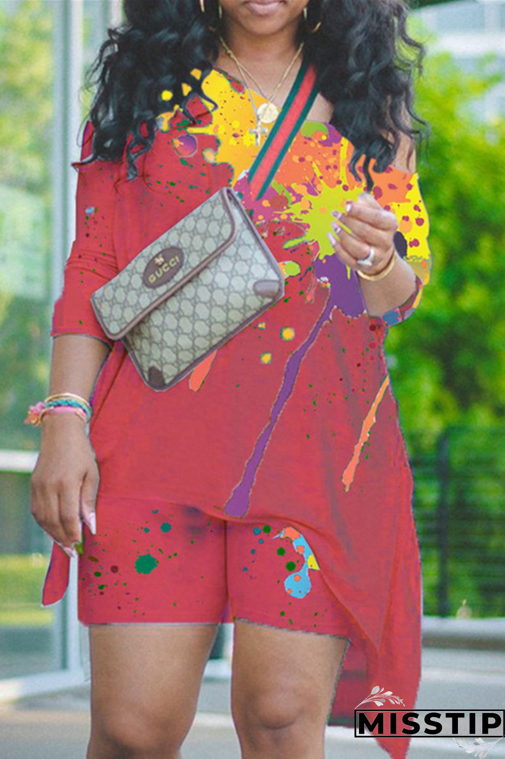 Burgundy Fashion Casual Print Basic Asymmetrical Oblique Collar Long Sleeve Two Pieces