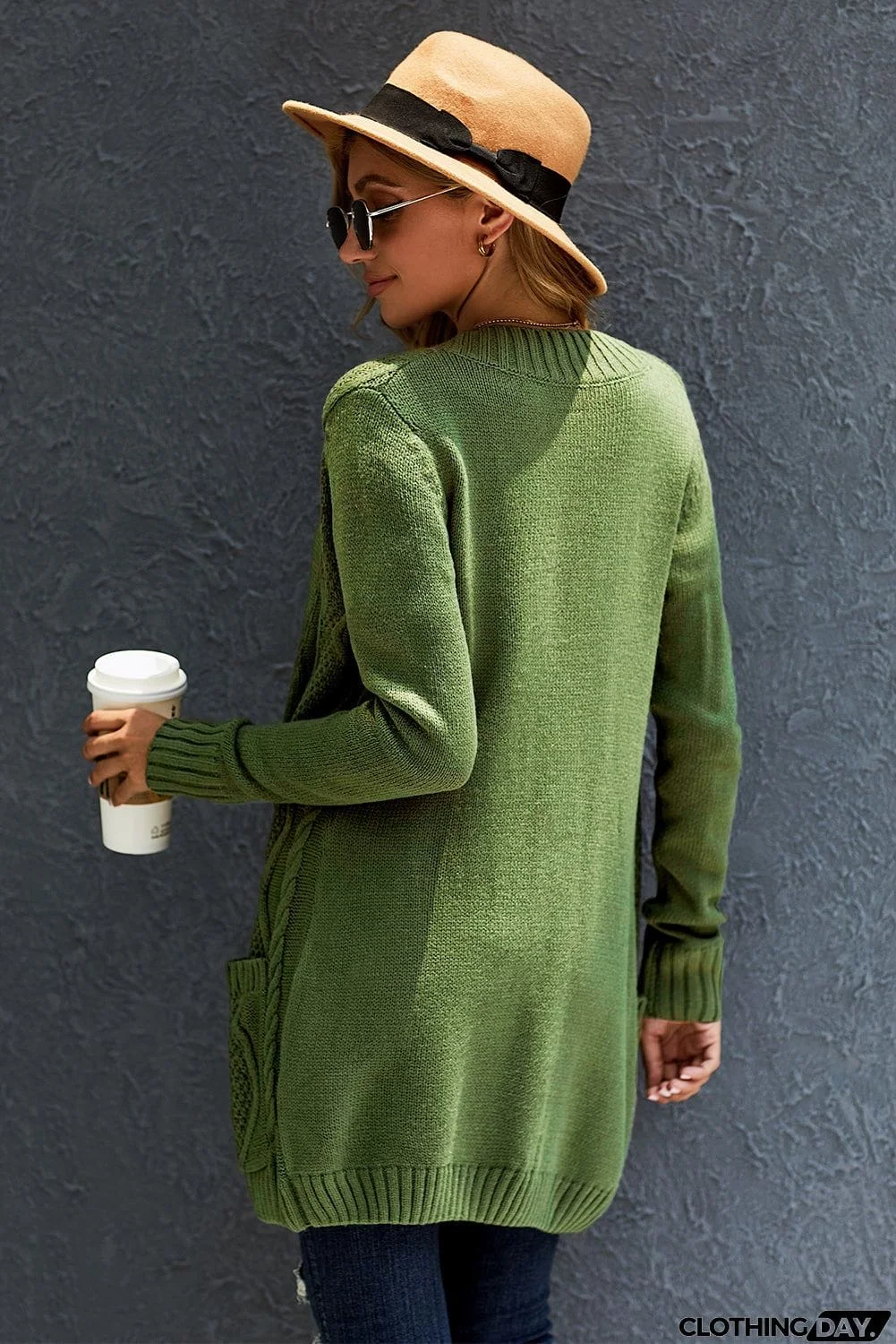 Green Front Pocket and Buttons Closure Cardigan