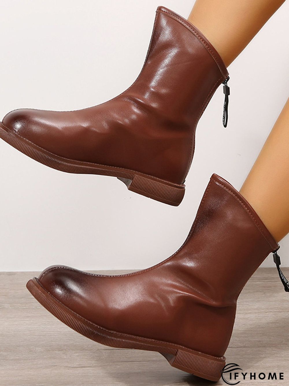 Antique Polished Short Back Zip Block Heel Boots | IFYHOME