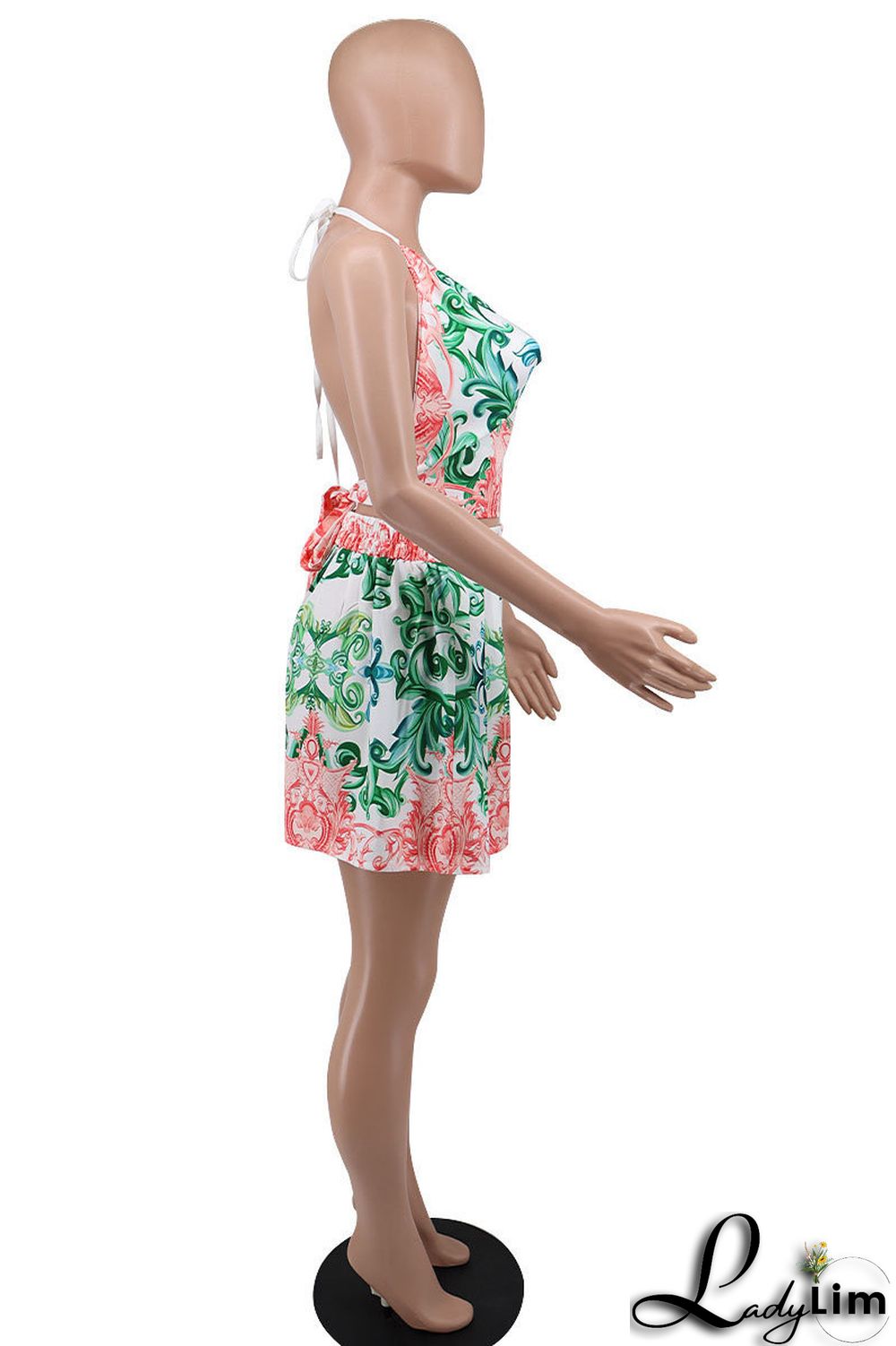 Blue Fashion Sexy Print Bandage Backless Halter Sleeveless Two Pieces