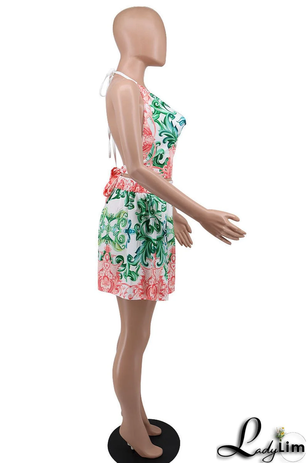 Blue Fashion Sexy Print Bandage Backless Halter Sleeveless Two Pieces