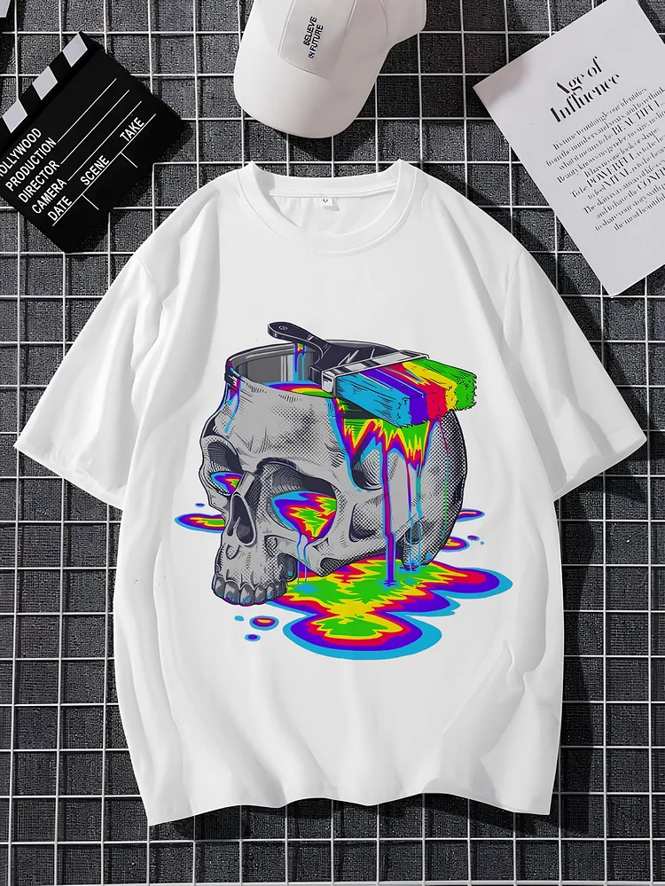 Men's Trippy Colorful Skull Vinyl Graphic Print Cotton Casual T-Shirt