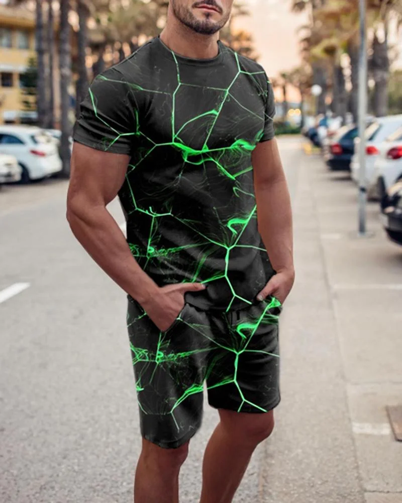 Men's Sports Green Lightning Abstract Printed Shorts Suit