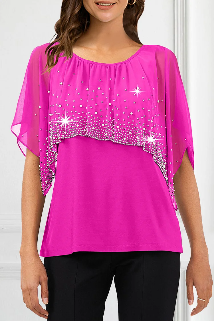 Flycurvy Plus Size Dressy Fuchsia Chiffon Sparkly Sequin Irregular Double Layered Flutter Sleeve Blouse