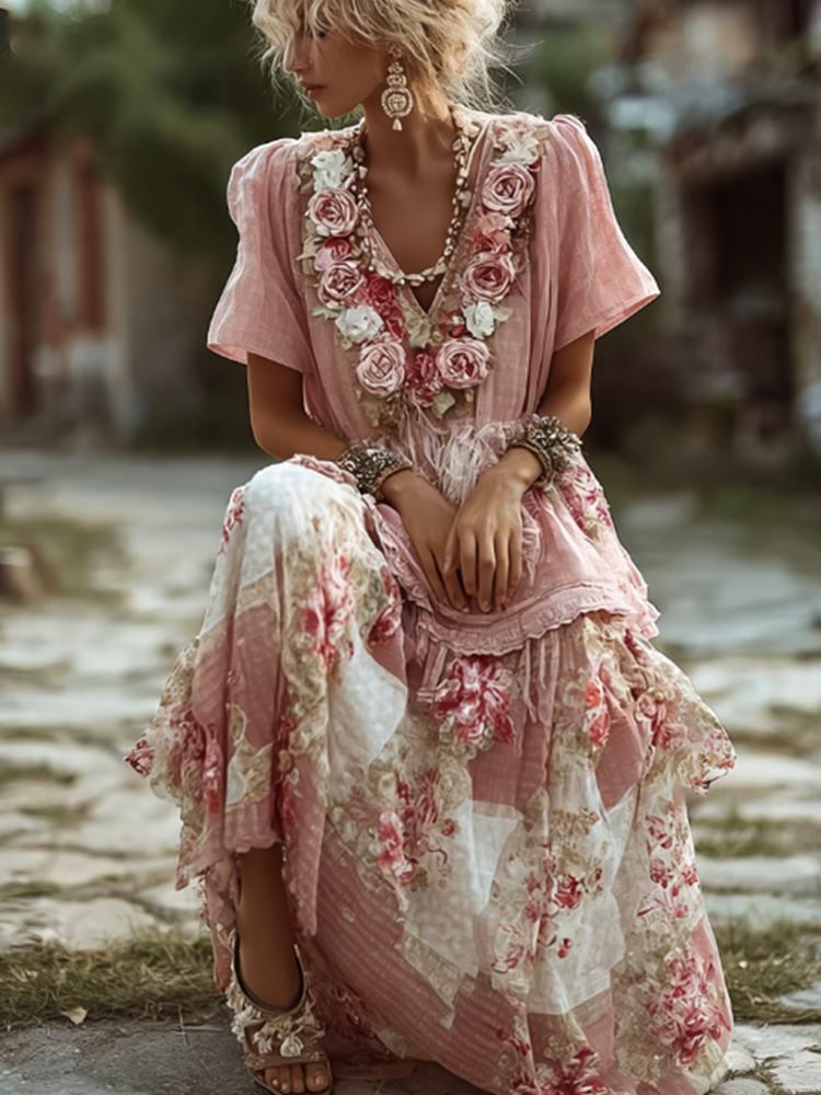 Women's Bohemian Style Retro Patchwork Plaid Skirt Rose Embroidery Dress Women's Bohemian Style Retro Patchwork Plaid Skirt Rose Embroidery Dress - Image 1