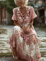 Women's Bohemian Style Retro Patchwork Plaid Skirt Rose Embroidery Dress