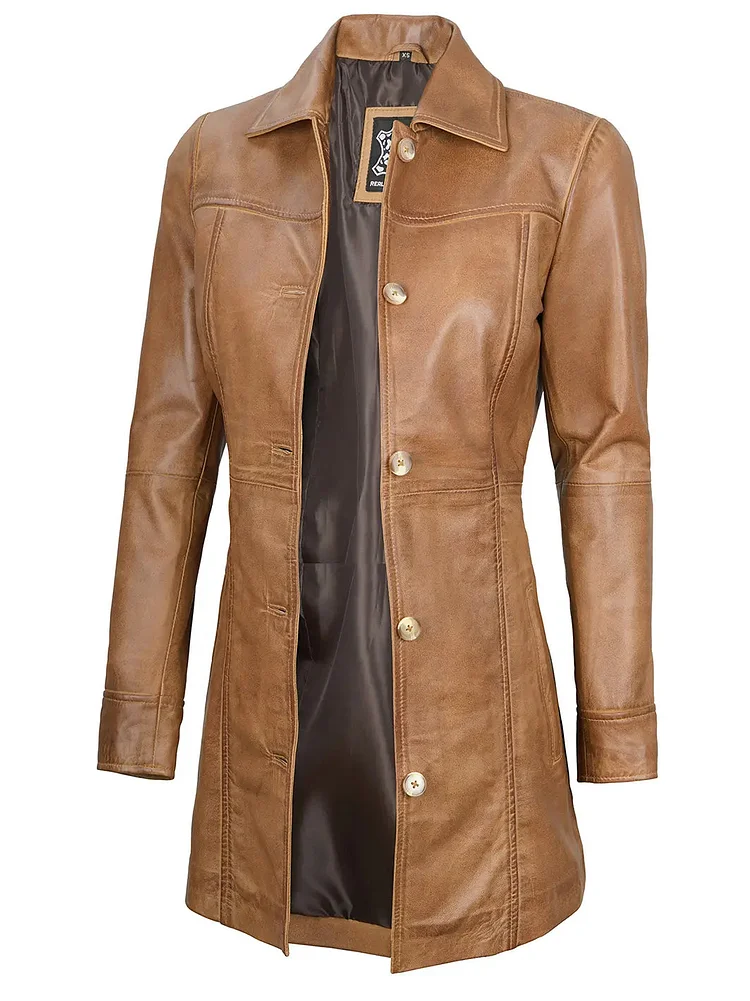Kandis Womens Camel Brown Leather Car Coat QueenFunky