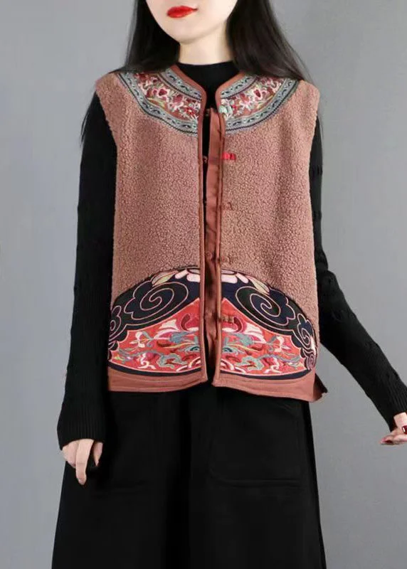 New Coffee Embroideried Button Patchwork Teddy Faux Fur Waistcoat Fall