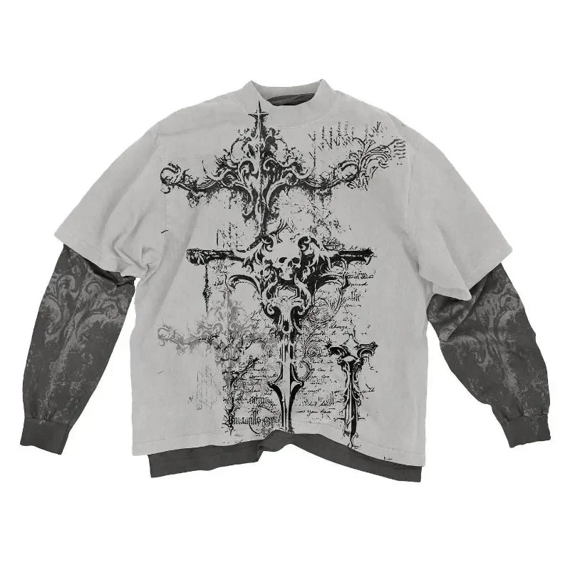 Aonga Y2K New Fake Two Piece T-shirt American Retro Round Neck Long Sleeve Couple's Street Hip Hop Harajuku Gothic Casual Loose Tops aonga
