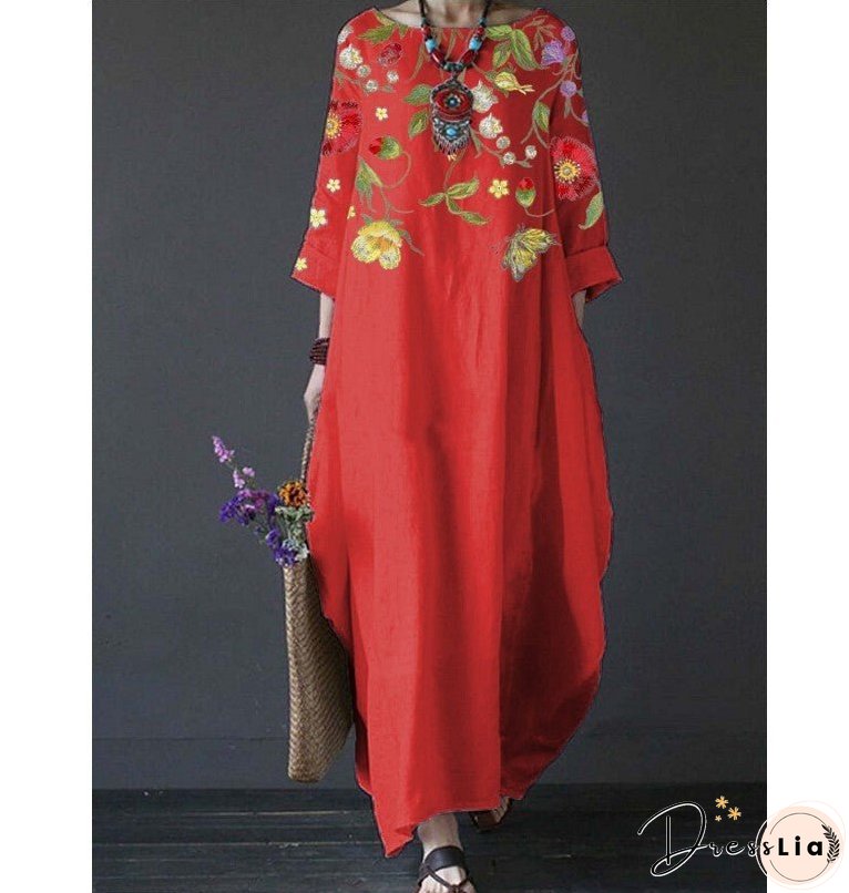 Summer Feminine Style Long Dress Round Neck Vintage Sweet Print Art Dress 3/4 Sleeve