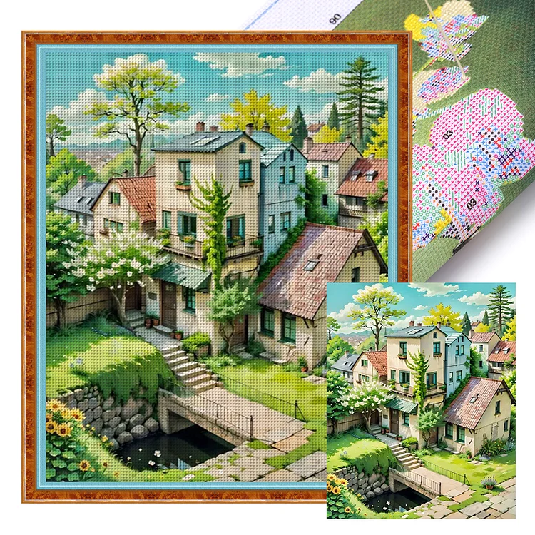 【Huacan Brand】Small Town Houses 14CT Stamped Cross Stitch 40*50CM