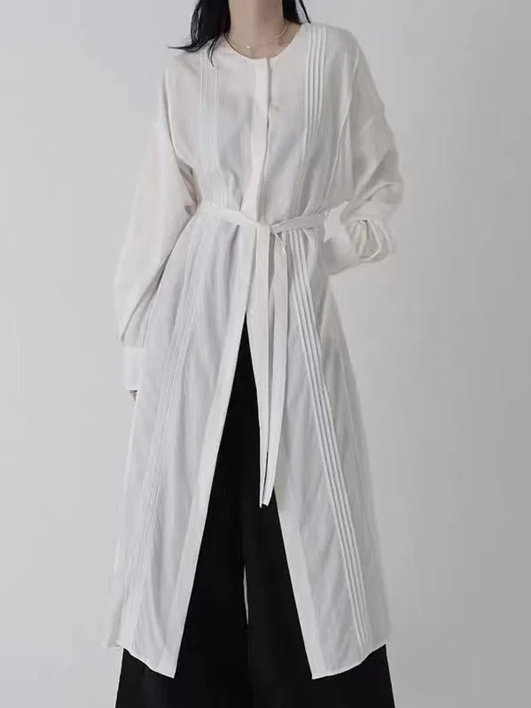Graceful Pleated Tie-waist White Shirt Dress