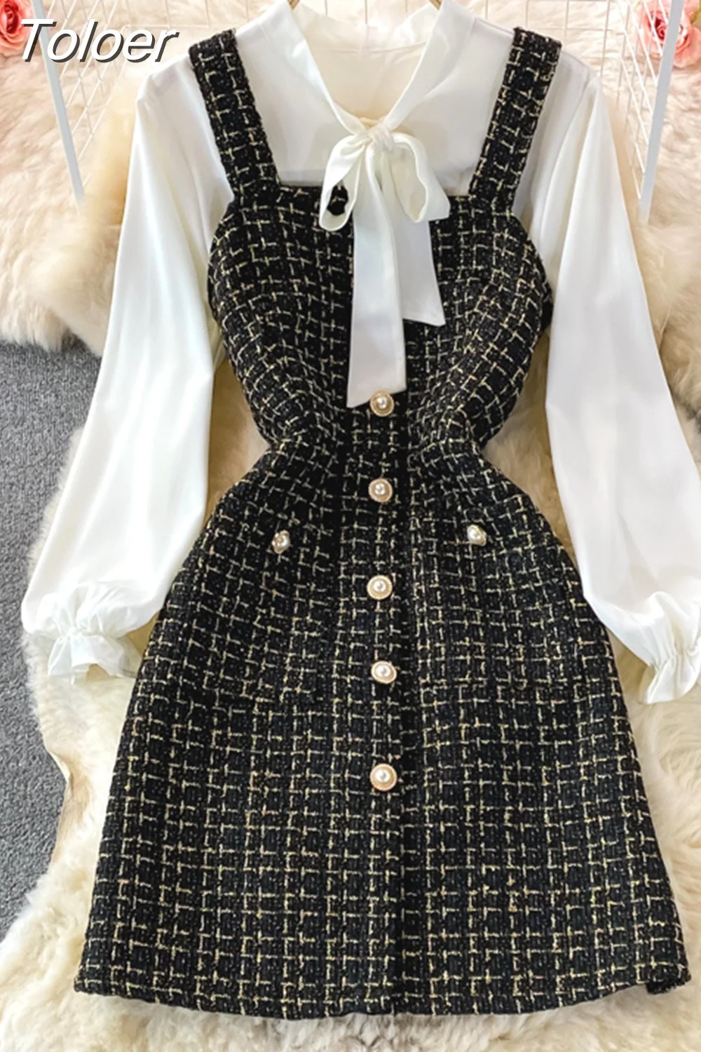 Toloer Toloer Women Two Piece Set 2023 Korean Fashion Bowtied Collar White Blouse and Spaghetti Strap Single Breasted Mini Tweed Dress Suits 1127-0-Outfit Ideas