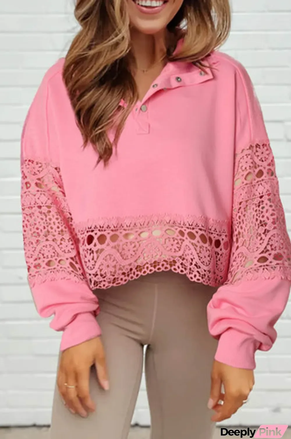 Pink Hollowed Lace Splicing Cropped Sweatshirt