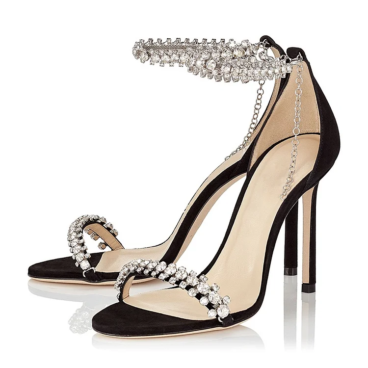 Black Ankle Strap Glass Heels Elegant Square Toe Rhinestones Sandal Evening  Sexy Shoes