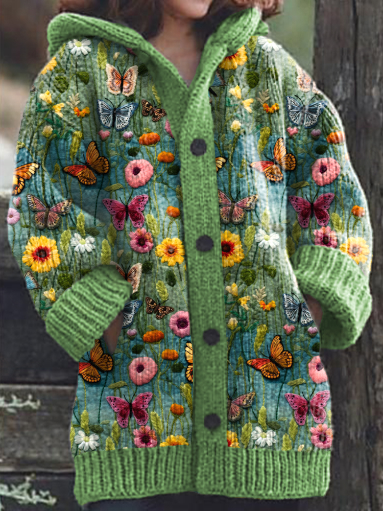 Butterfly Floral Embroidery Pattern Cozy Knit Hooded Cardigan