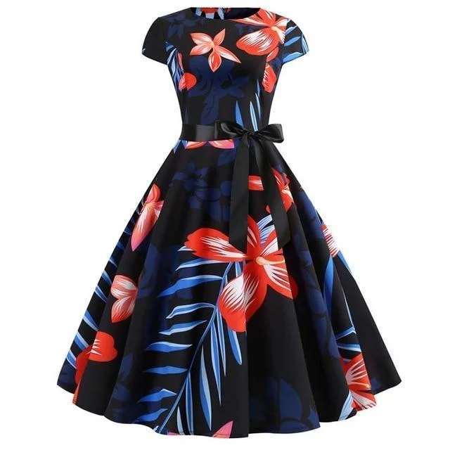 Women Vintage Summer Floral Print Short Sleeve Party Dresses