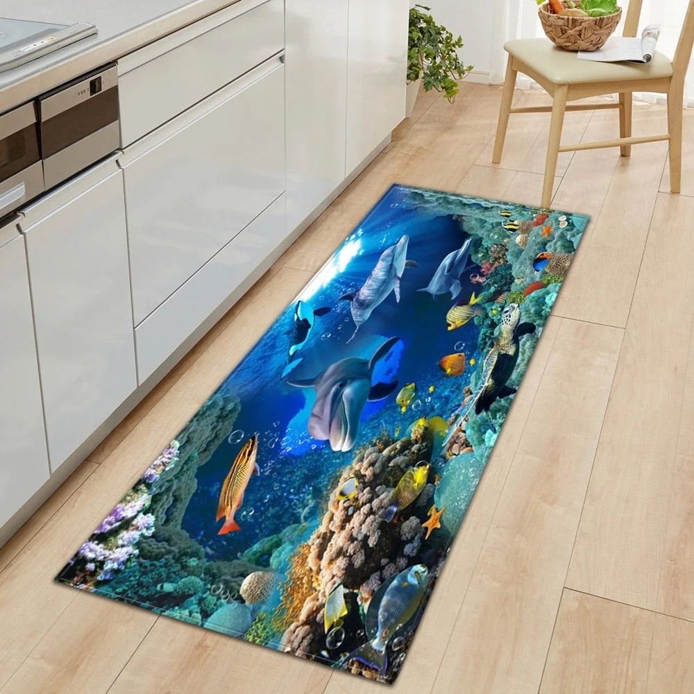 3D Ocean World Fish Carpet Kitchen Mat Entrance Doormat Bedroom Home Floor Decoration Living Room Carpet Bathroom Anti-slip Rug