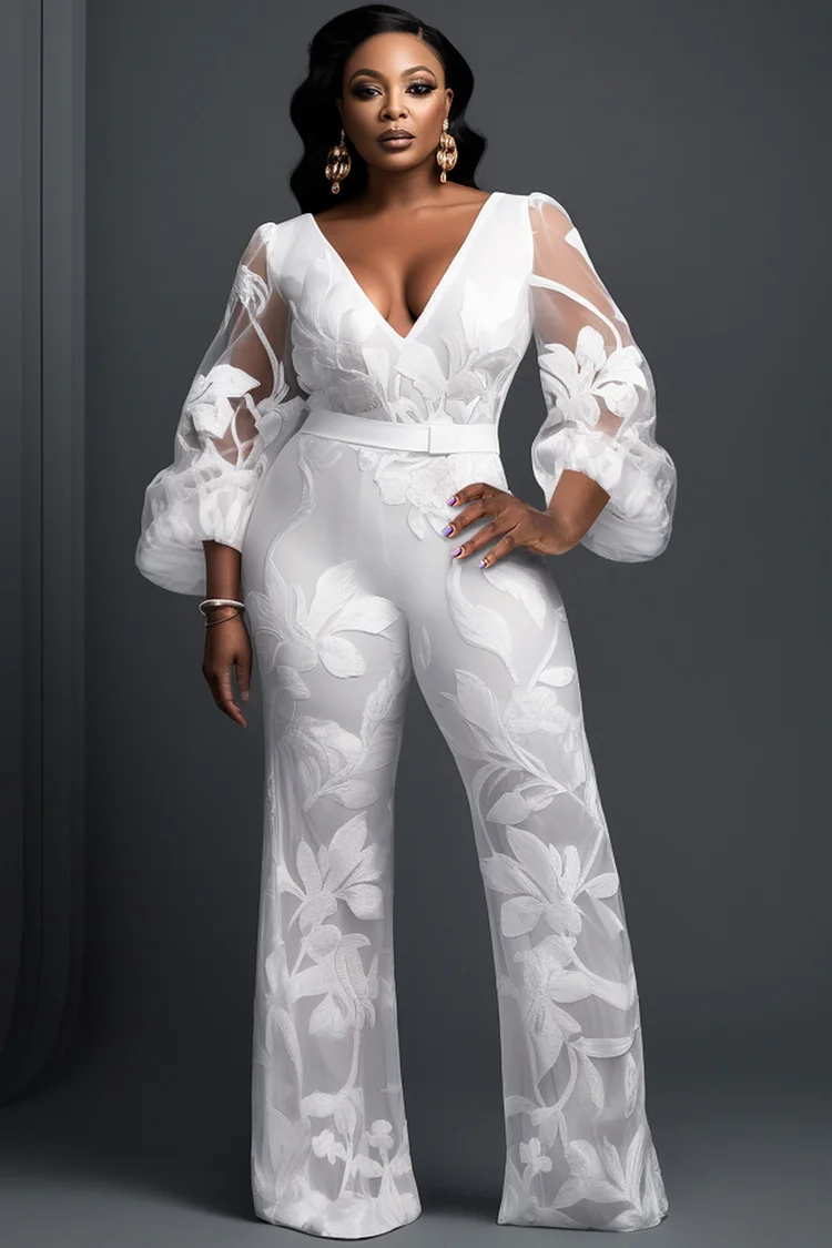 Xpluswear Design Plus Size Business Casual White Elegant V Neck Long Sleeve See Through Jumpsuits [Pre-Order] 2024 - Xpluswear