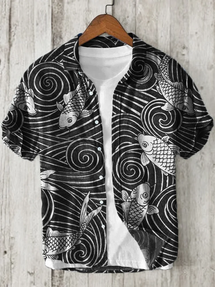 Carp Fish Sea Waves Japanese Lino Pattern Linen Blend Shirt