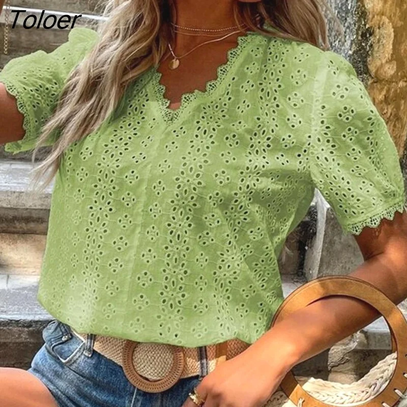 Toloer Lace Shirts Women Summer Puff Sleeve Tops Vintage Elegant Pullover White Blouse Women Fashion V-neck Solid Shirt 21385