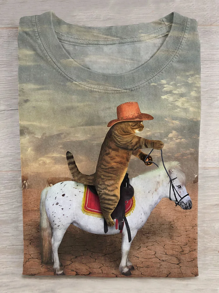 Unisex Funny Cat Ride Horse Cowboy Art Print Casual T-shirt