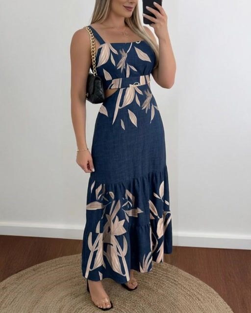 Plants Placement Print Adjustable Straps Cutout Waist Shirred Back Maxi Dress Casual Cinched Waist Ruffle Hem Vacation Dress-0119