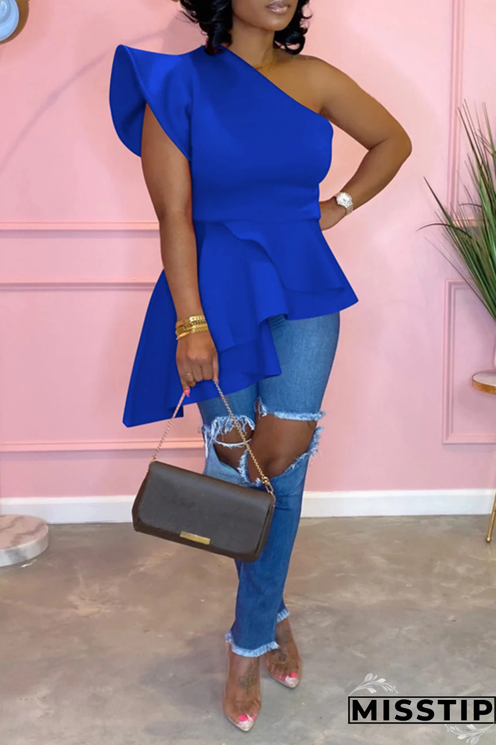 Blue Street Solid Flounce One Shoulder T-Shirts