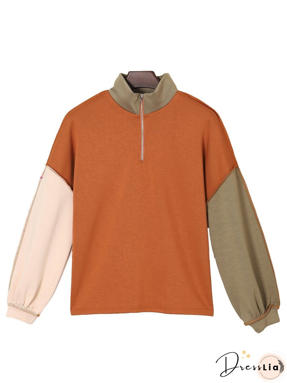 Khaki Zippered V-Neck Color Block Sweatshirt
