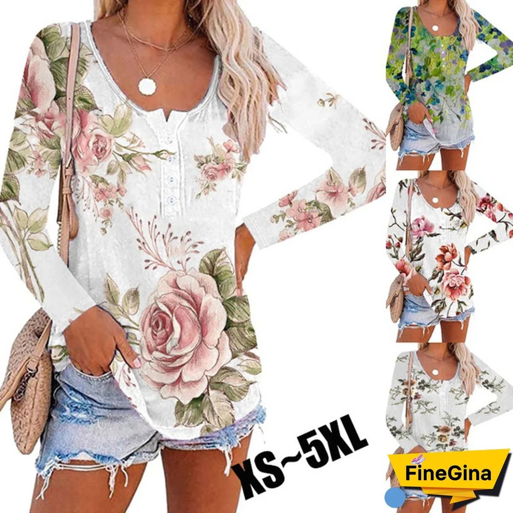 Women's Fashion Autumn and Winter Flower Print Casual Long Sleeve Tops Round-neck Blouses Button Loose T-shirts Plus Size