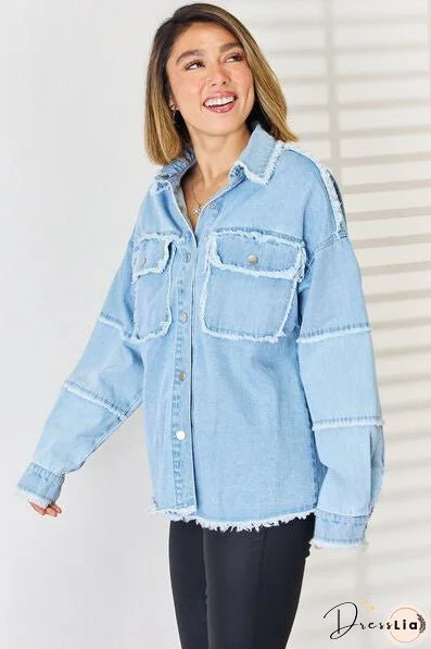 PEACE Raw Hem Dropped Shoulder Denim Top