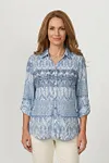 Front view of elegant indigo patchwork print linen-blend shirt with point collar