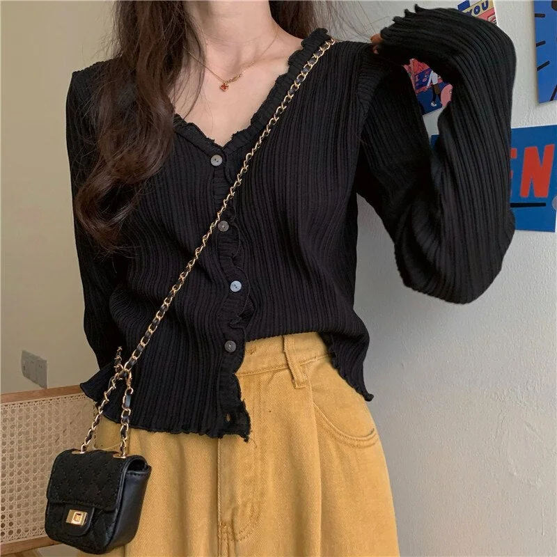 Korean Short Sweater Women V-Neck Knitted Cardigan 2021 Fashion Single Breasted Women Elasticity Cropped Cardigan Sweater Female